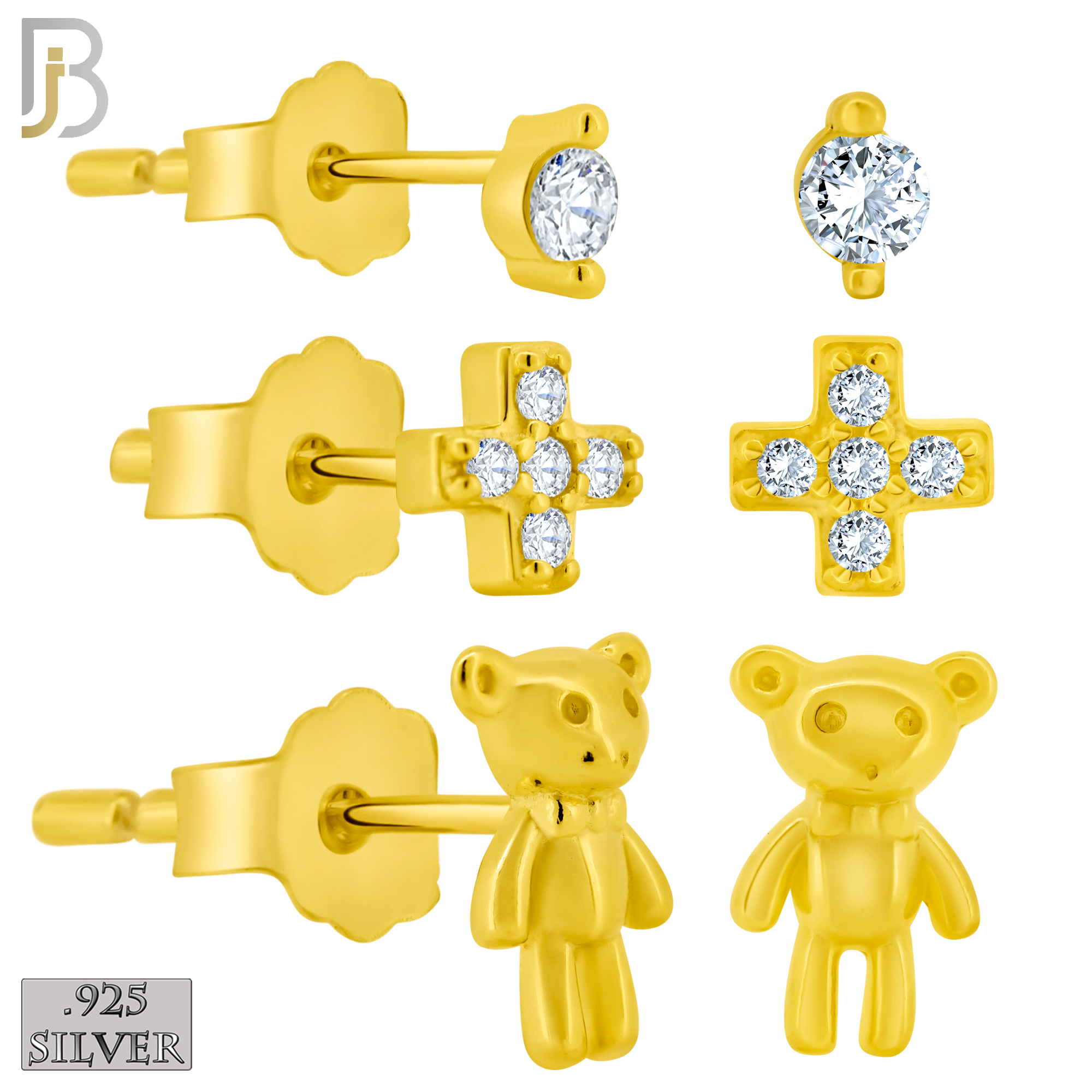 925-ES388 - .925 Sterling Silver Three Set Stud Earrings (Single CZ in two Prong, Cross & Heart Mismatched, Teddy Bear) image 1