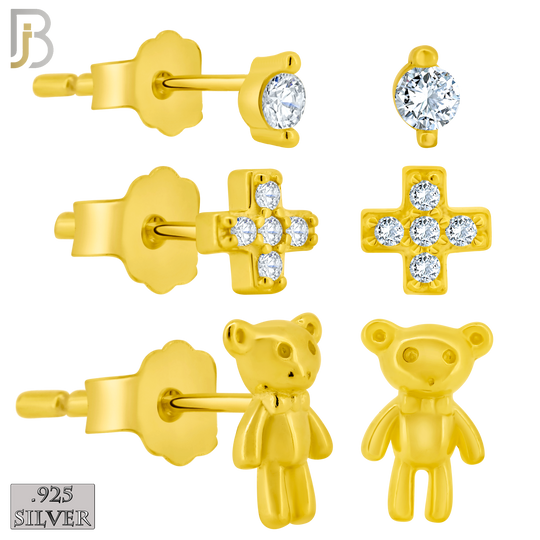 925-ES388 - .925 Sterling Silver Three Set Stud Earrings (Single CZ in two Prong, Cross & Heart Mismatched, Teddy Bear) image 1