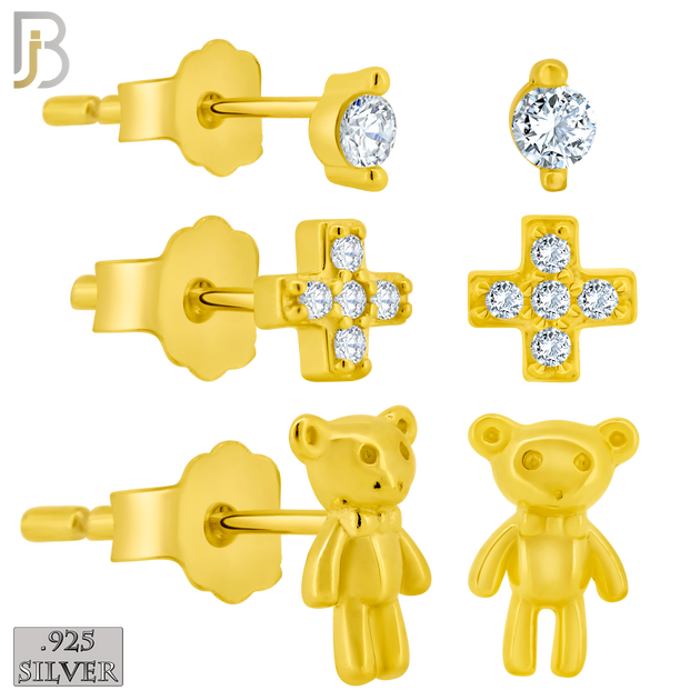 925-ES388 - .925 Sterling Silver Three Set Stud Earrings (Single CZ in two Prong, Cross & Heart Mismatched, Teddy Bear) image 1