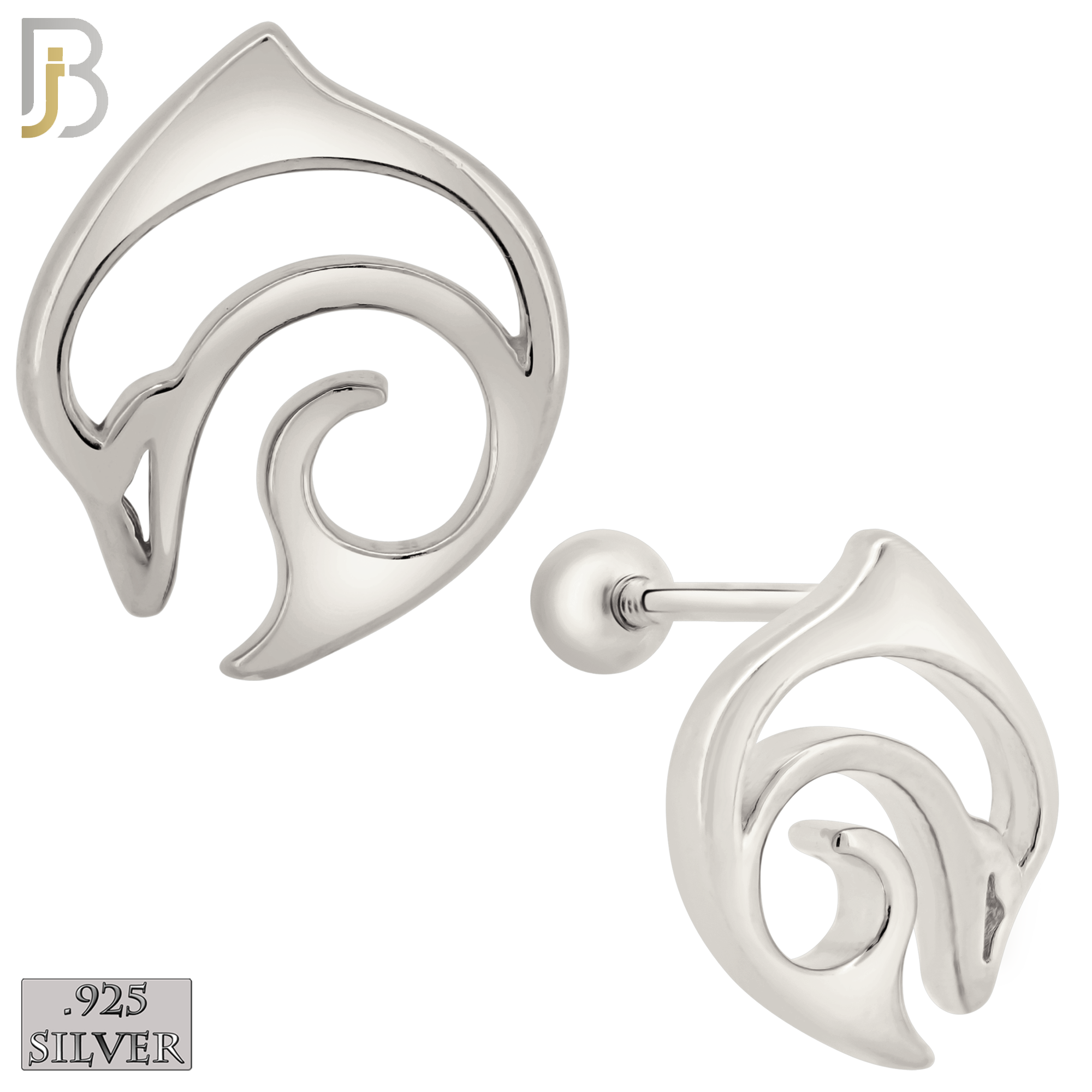 925-ES413 - Screw Ball Back - 925 Sterling Silver Plain Hollow Dolphin Curl Stud Earrings image 0