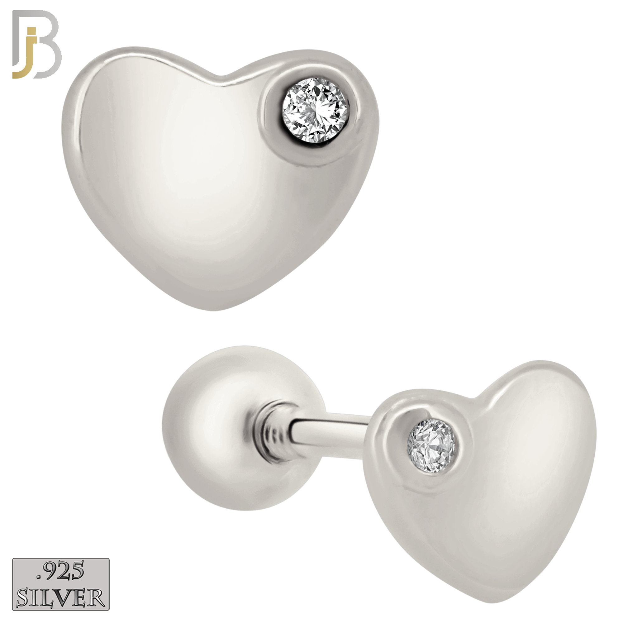 925-ES211 - Screw Ball Back - .925 Sterling Silver Plain Heart Shaped Earring Stud with Single Clear Zircon image 1