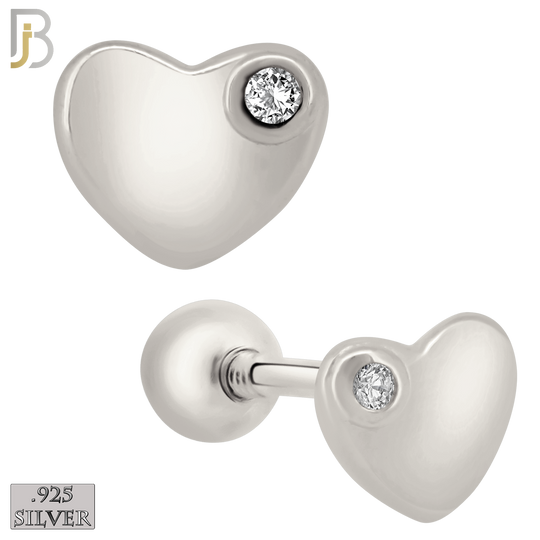925-ES211 - Screw Ball Back - .925 Sterling Silver Plain Heart Shaped Earring Stud with Single Clear Zircon image 1