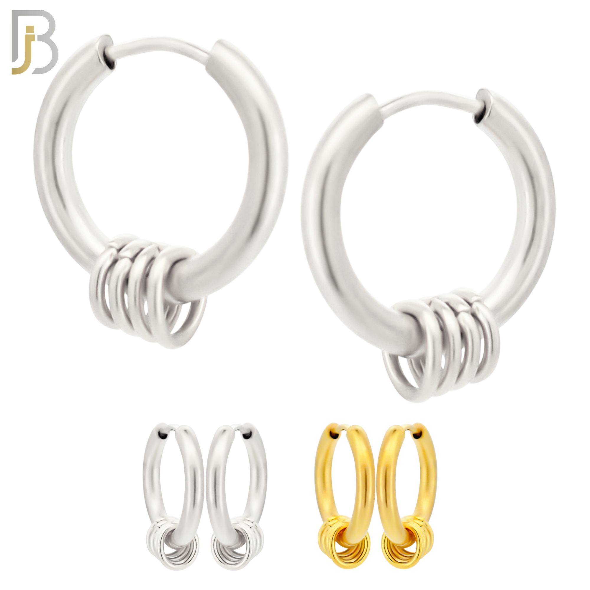ES279 - 316L Stainless Steel Plain Huggies with 5 Rings Clip On image 0