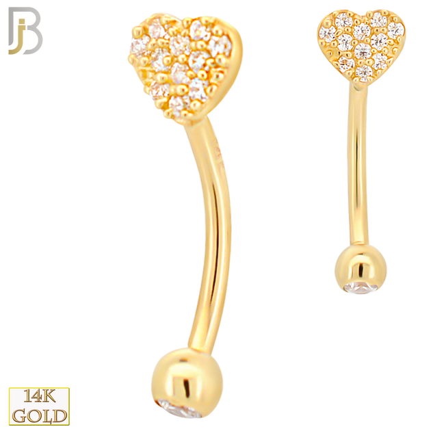 14-EC11 - 14k Yellow Gold CZ Studded Heart Eyebrow Barbell Externally Threaded Screw image 0