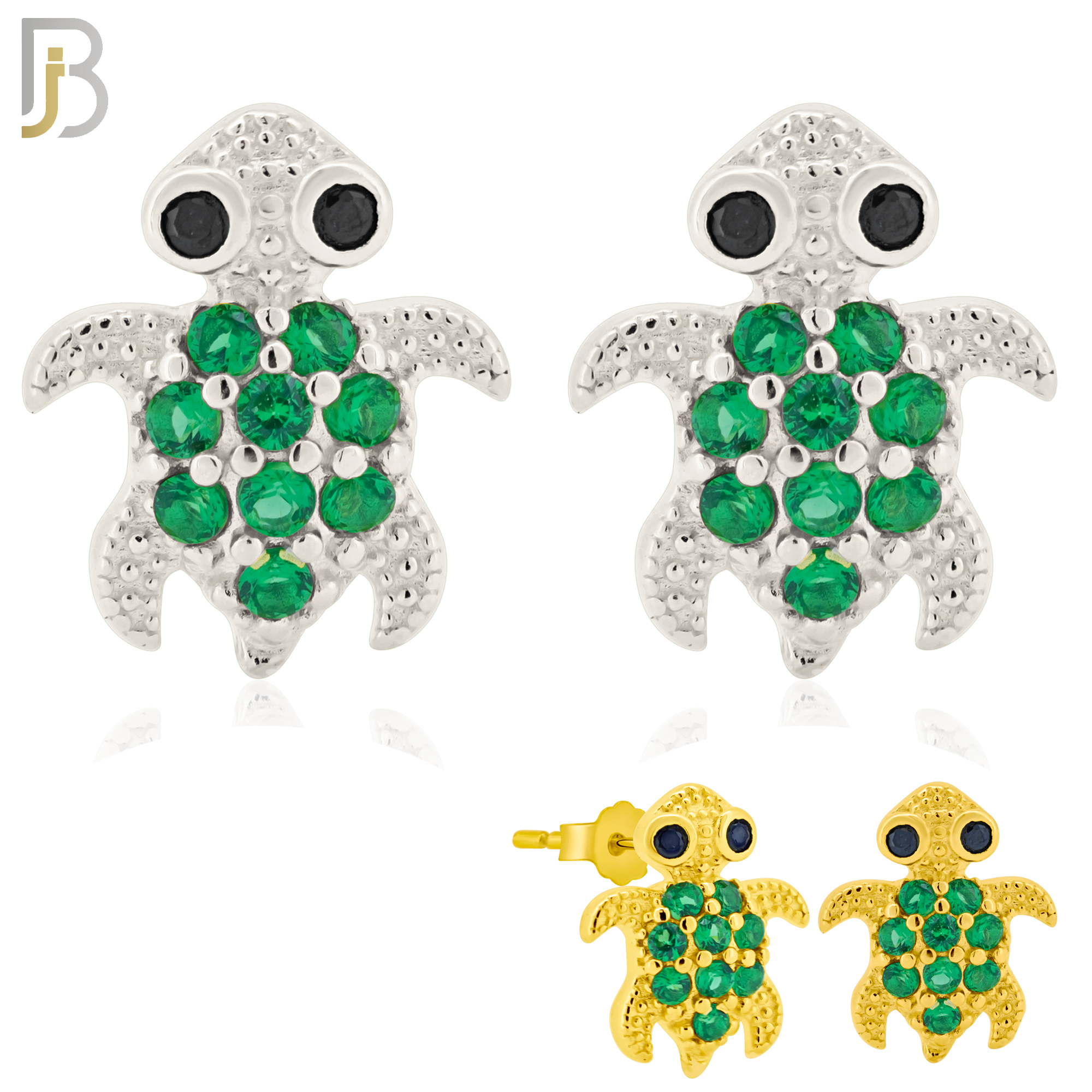 925-ES195 - Push Back - .925 Sterling Silver Turtle Design Earring Stud with Green Zircon image 0