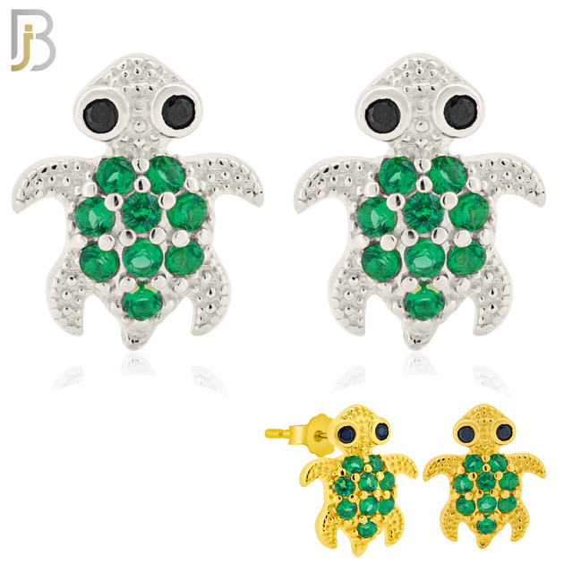 925-ES195 - Push Back - .925 Sterling Silver Turtle Design Earring Stud with Green Zircon image 0