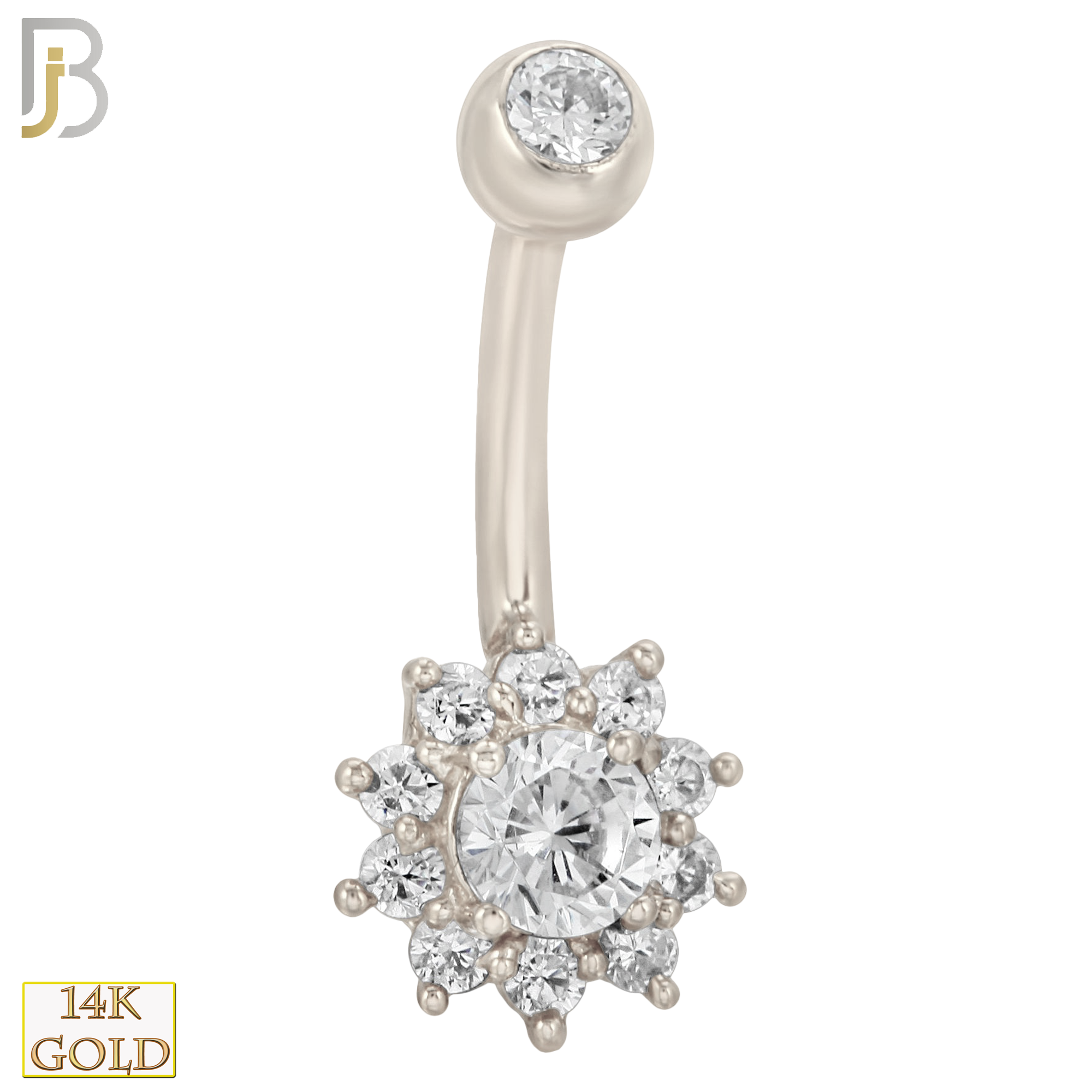 14-NB09 - 14k Solid Gold Banana Belly Ring with  8mm Flower Design image 1