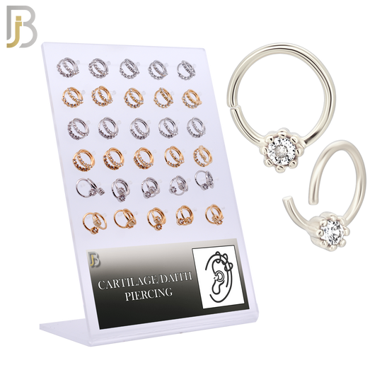 PK-TH03MX1- Brass Three Different Designs Tragus - Helix Hoop Piercing with CZ - Pack of 60 image 0