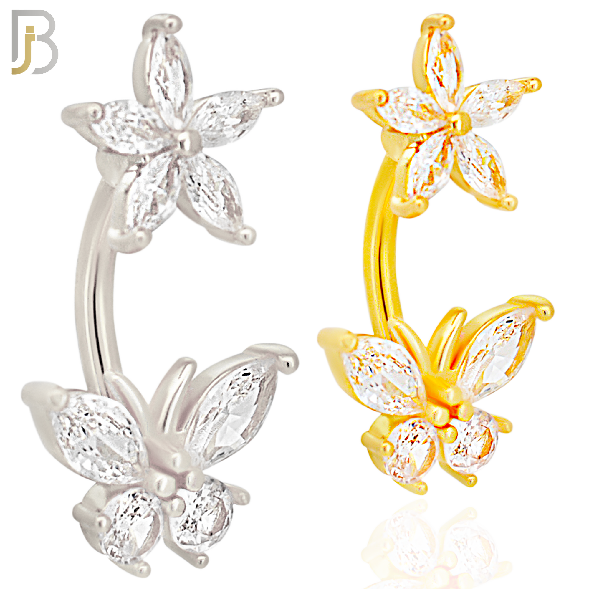 NB67 - 316L Stainless Steel Banana Belly Ring with Flower and Butterfly Cubic Zirconia image 0