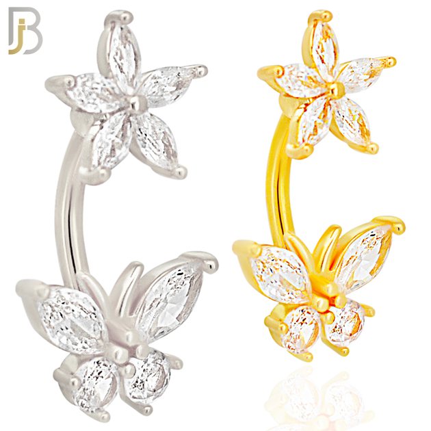 NB67 - 316L Stainless Steel Banana Belly Ring with Flower and Butterfly Cubic Zirconia image 0