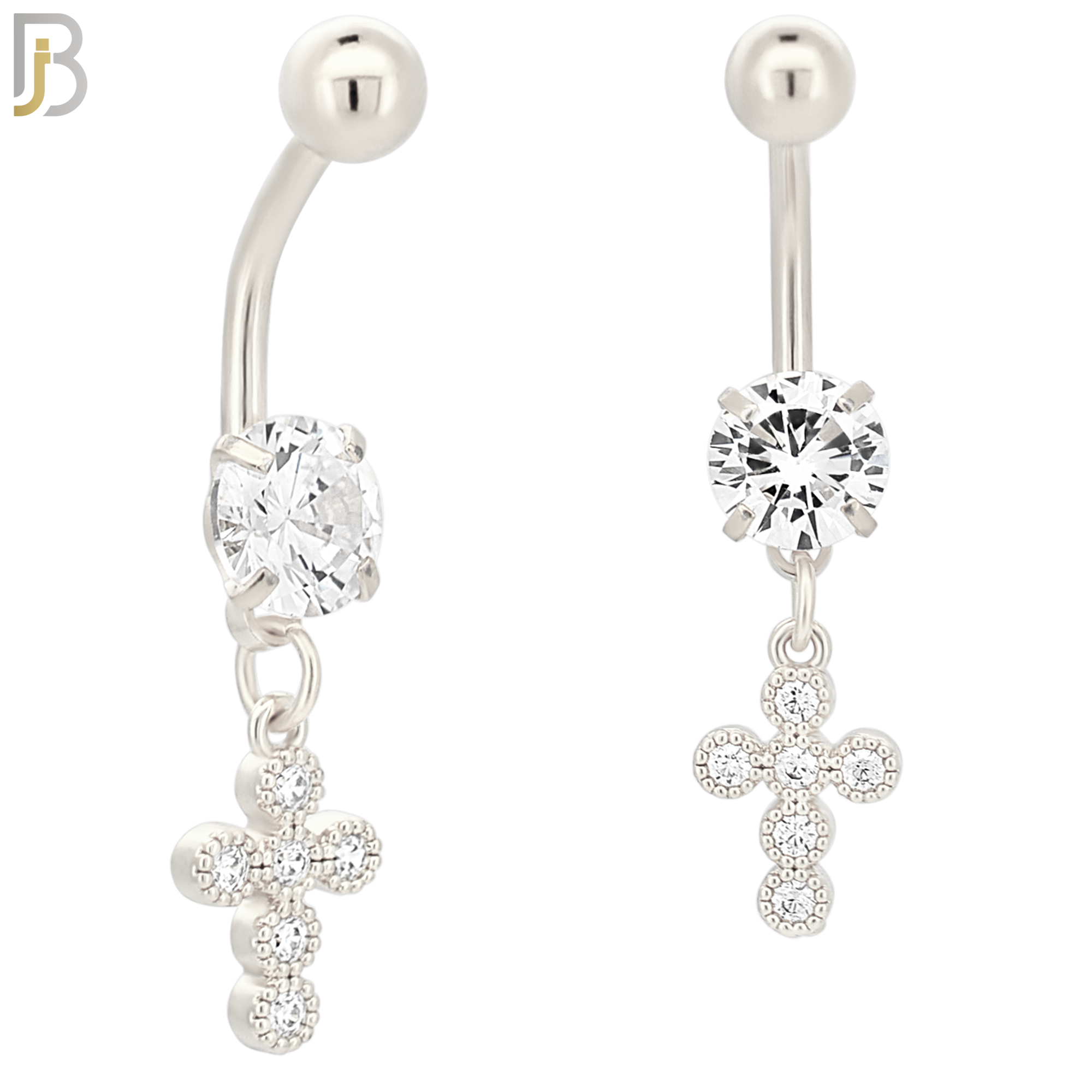 N047 - 316L Stainless Steel Dangling Cross Bezel with Zircon Design Belly Ring with 5mm Screw Ball image 1