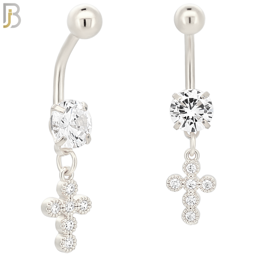 N047 - 316L Stainless Steel Dangling Cross Bezel with Zircon Design Belly Ring with 5mm Screw Ball image 1