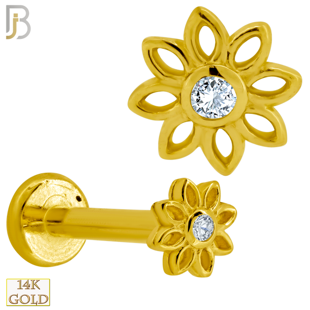 14-LB52 - 14k Gold Hollow Flower Labret with Round Zircon Center image 0