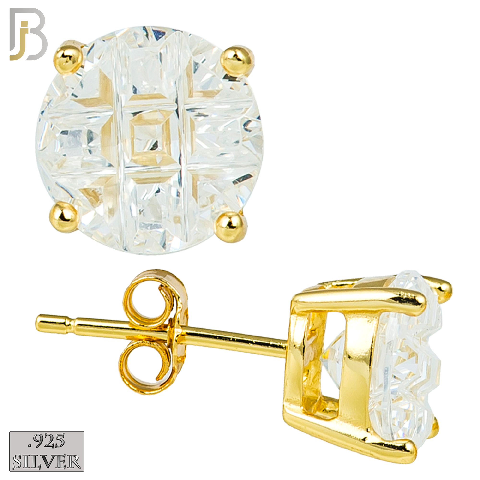 925-ES73-GC - .925 Sterling Silver Gold Plated Earring Stud Casting Round Invisible Cut Prong Setting Clear Zircon image 0