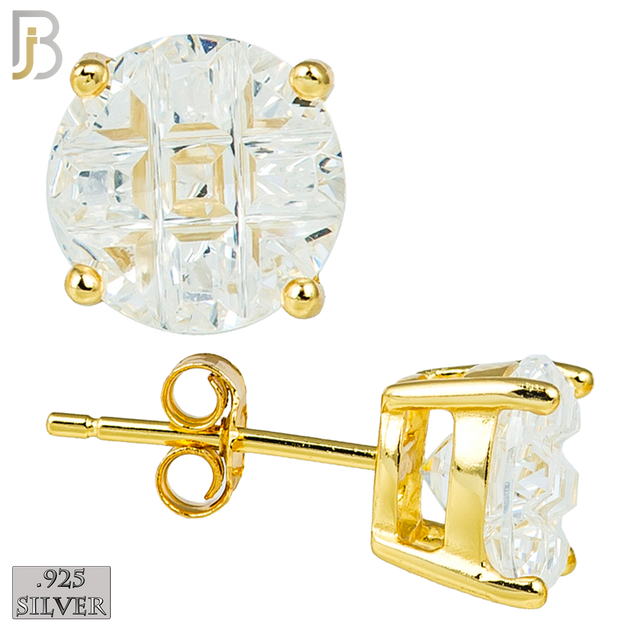 925-ES73-GC - .925 Sterling Silver Gold Plated Earring Stud Casting Round Invisible Cut Prong Setting Clear Zircon image 0