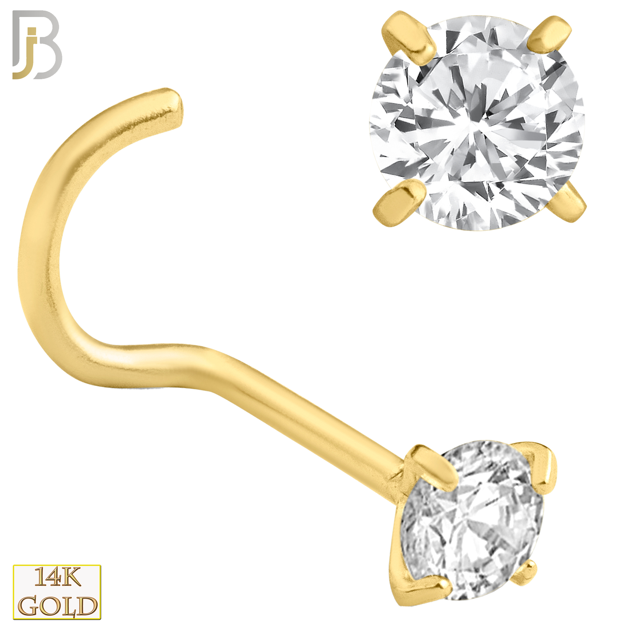 14-NR03CY-22 - 14k Solid Yellow Gold 22g Prong Setting  Round Cubic Zircona Nose Screw, Cork Screw image 6