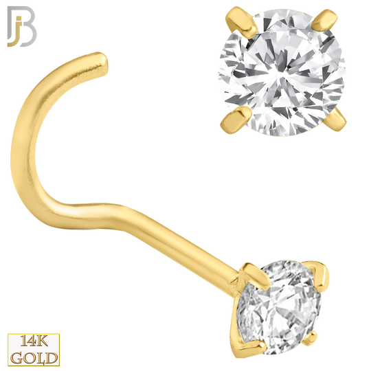 14-NR03CY-22 - 14k Solid Yellow Gold 22g Prong Setting  Round Cubic Zircona Nose Screw, Cork Screw image 6
