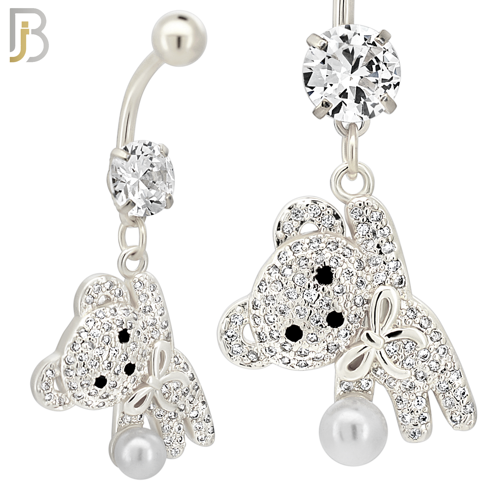 N0142 - 316L Surgical Steel Dangling Teddy Bear holding a Pearl with Multi CZ Belly Ring image 2