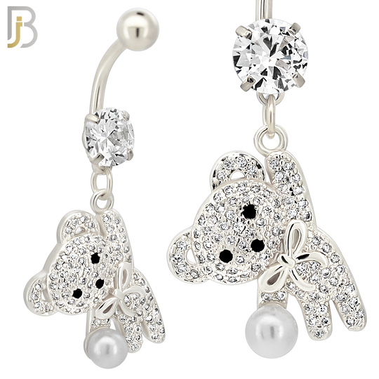 N0142 - 316L Surgical Steel Dangling Teddy Bear holding a Pearl with Multi CZ Belly Ring image 2