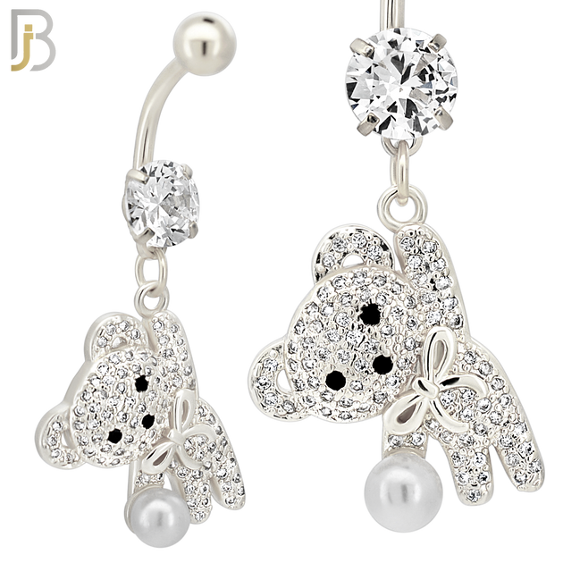 N0142 - 316L Surgical Steel Dangling Teddy Bear holding a Pearl with Multi CZ Belly Ring image 2