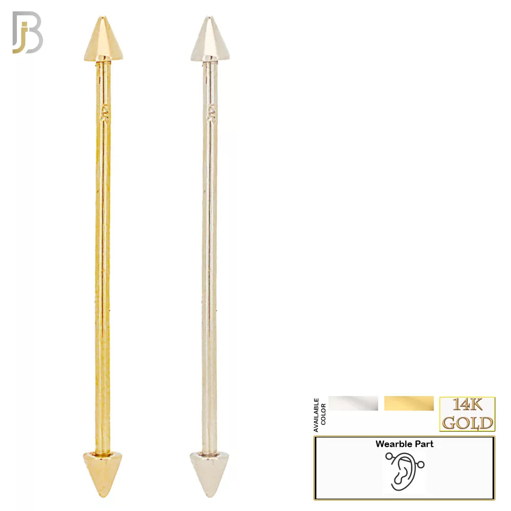 14-BB06Y14 - 14k Solid Gold Plain Spike 14g Industrial Barbell Externally Threaded image 0
