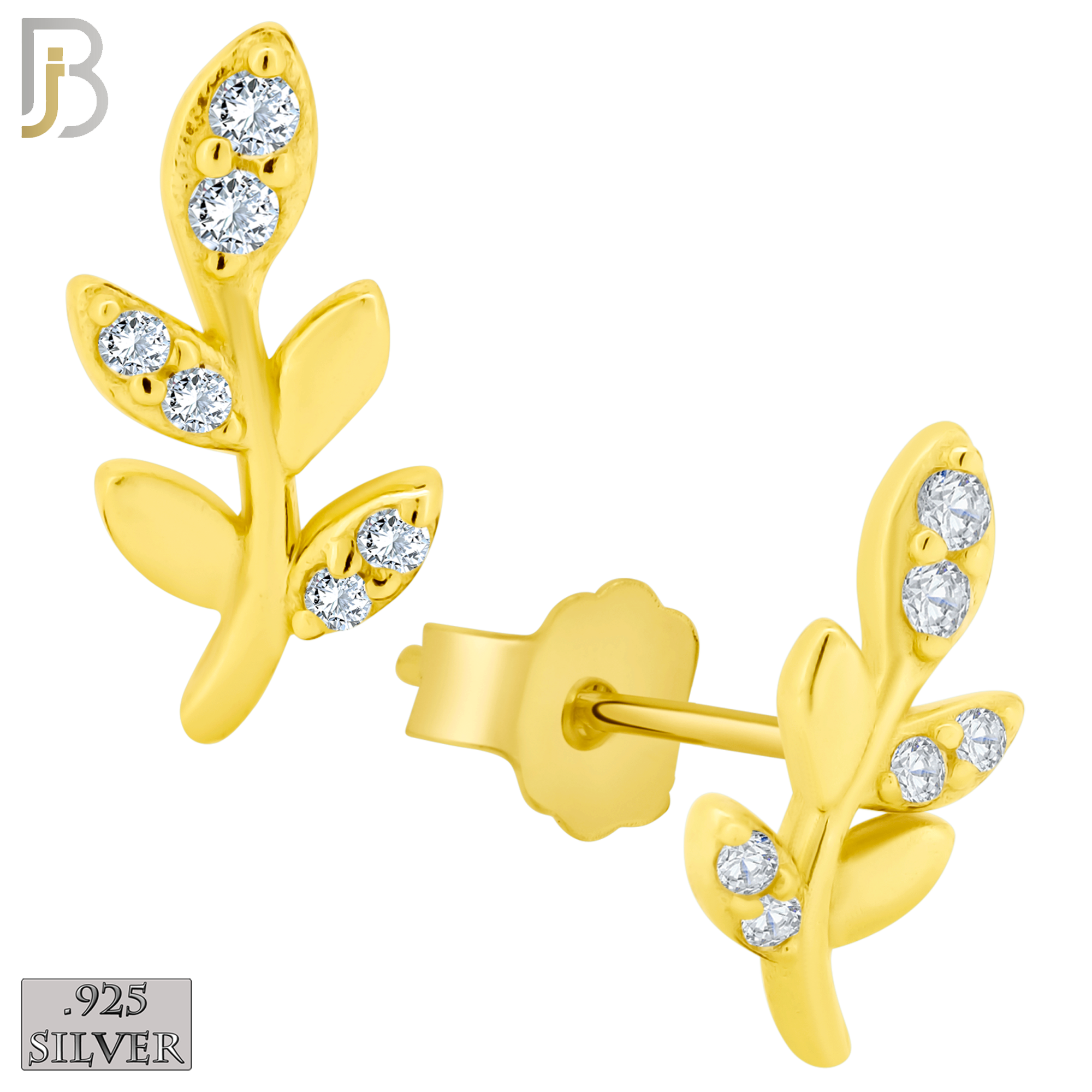 925-ES262 - .925 Sterling Silver Vine Leaf with Zircon Design Earrings Stud image 2