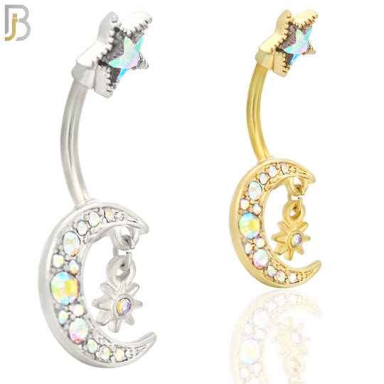 NB41 - 316L Stainless Steel Moon with Dangling Starburst Design with Zircon image 0