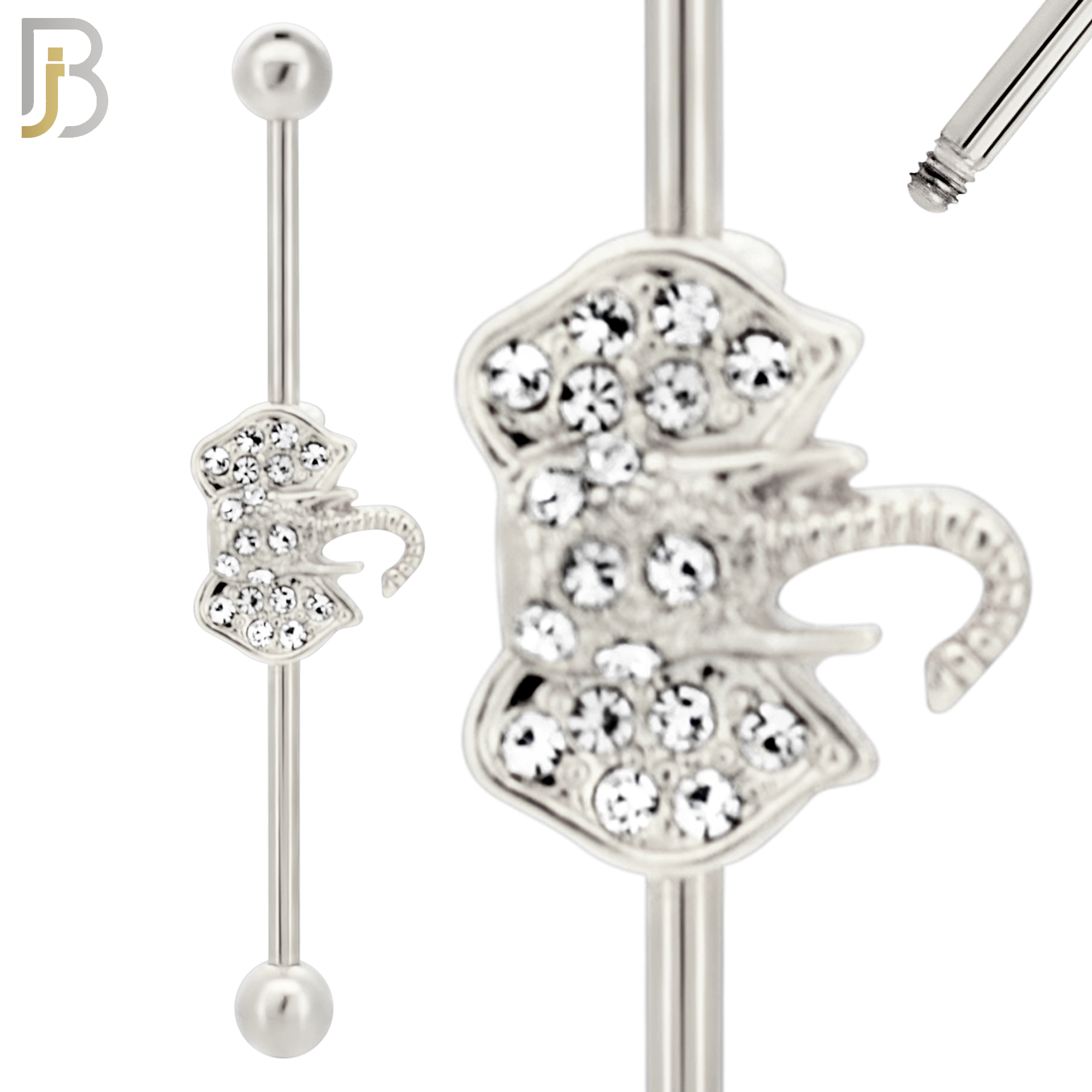 BB34 - 316L Surgical Steel Screw Bar with Alloy Elephant CZ Design Barbell Industrial (PACK OF 4) image 1