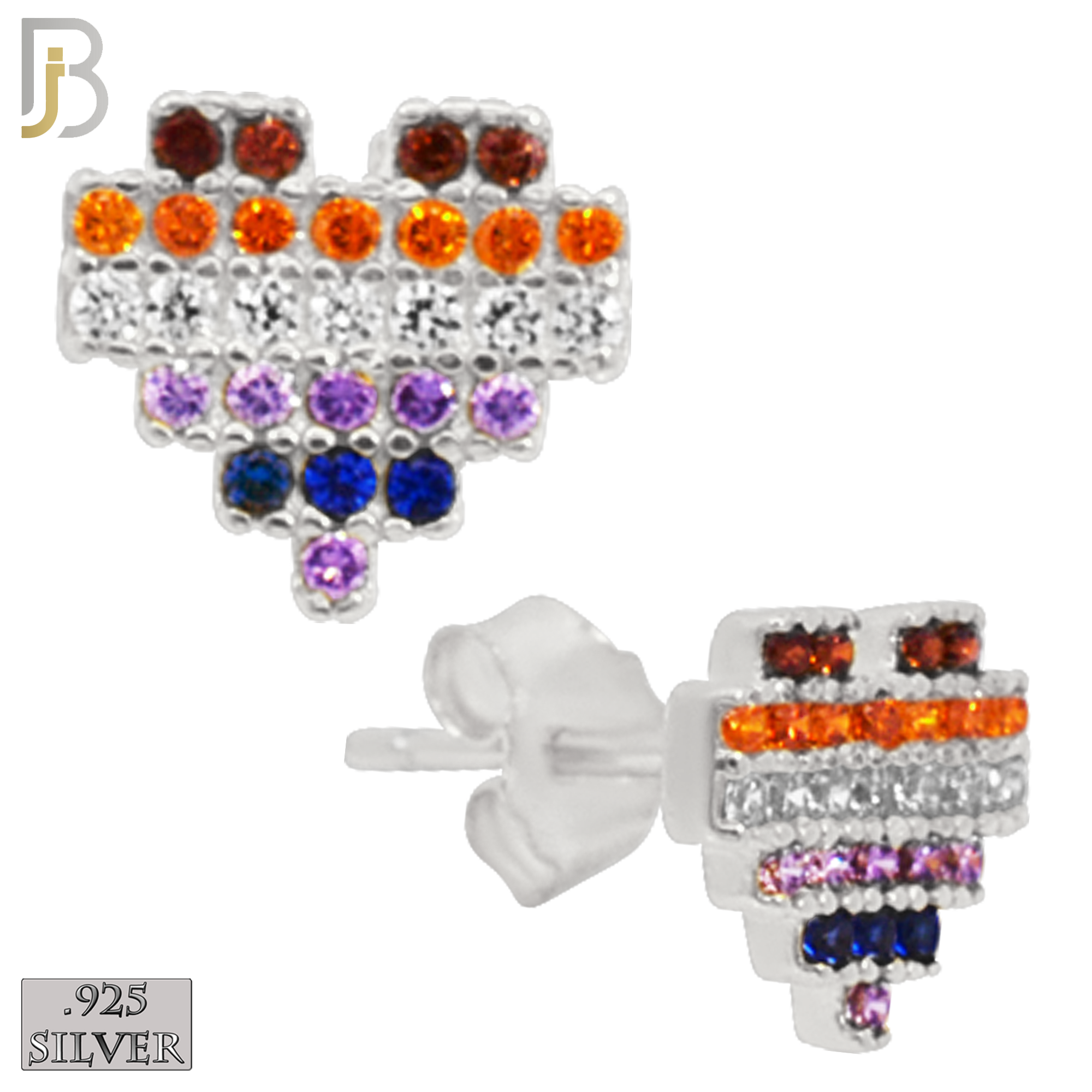 925-ES228S – 925 Sterling Silver Pixelated Heart Design Earring Stud with Multi Colored Zircon image 3