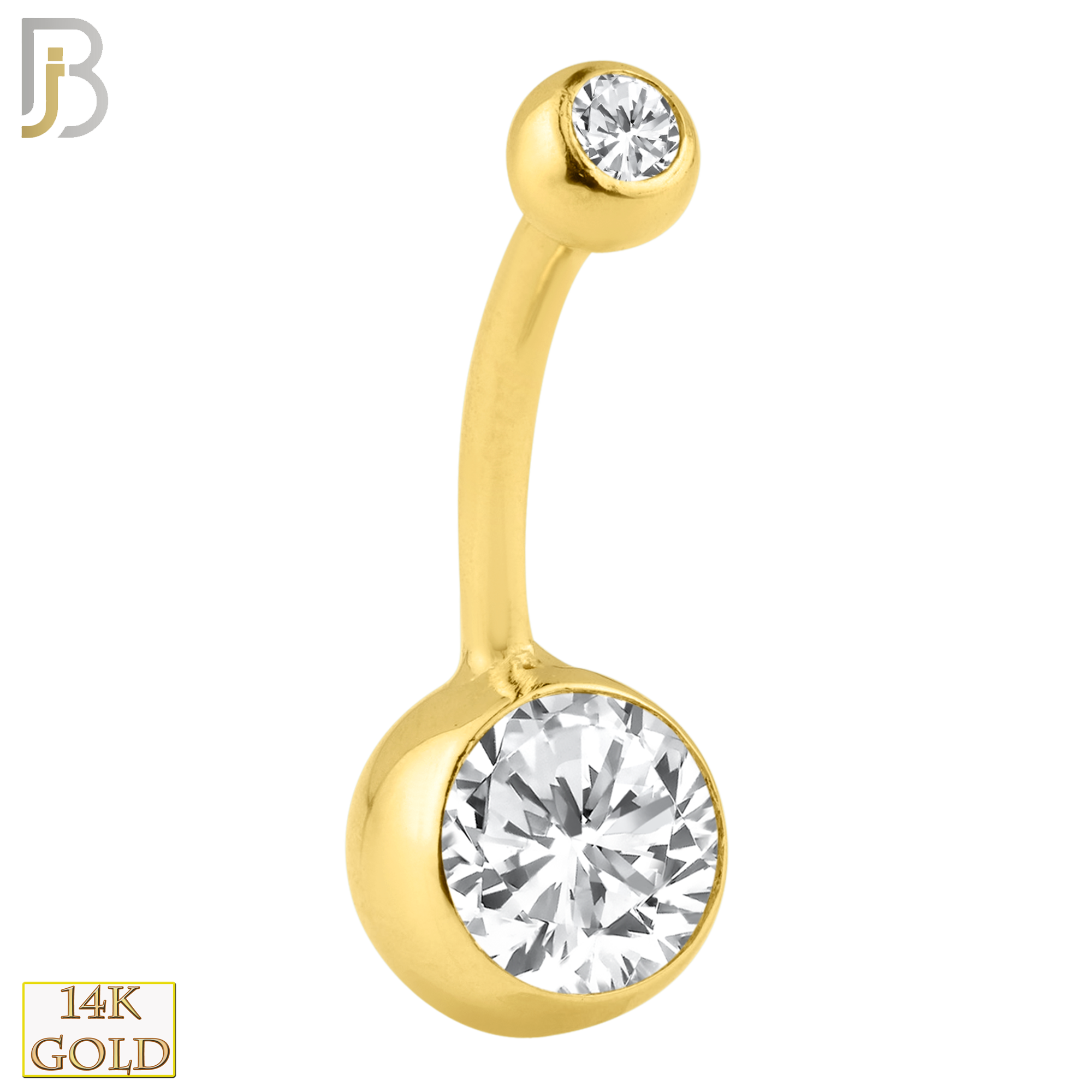 14-NB26 - 14k Solid Gold Double Gem Bezel Zircon Plain Banana Belly Ring image 0