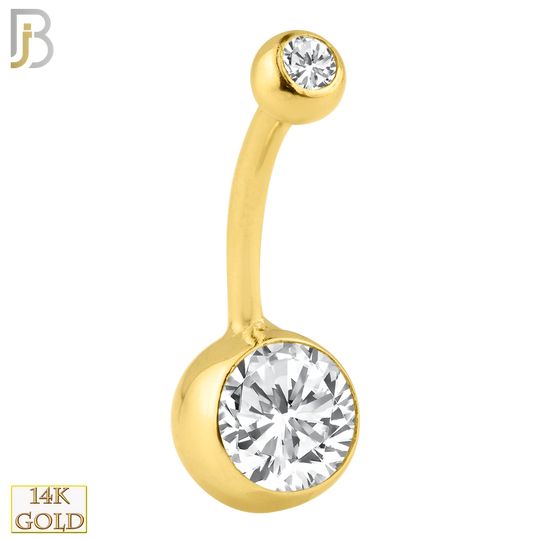14-NB26 - 14k Solid Gold Double Gem Bezel Zircon Plain Banana Belly Ring image 0