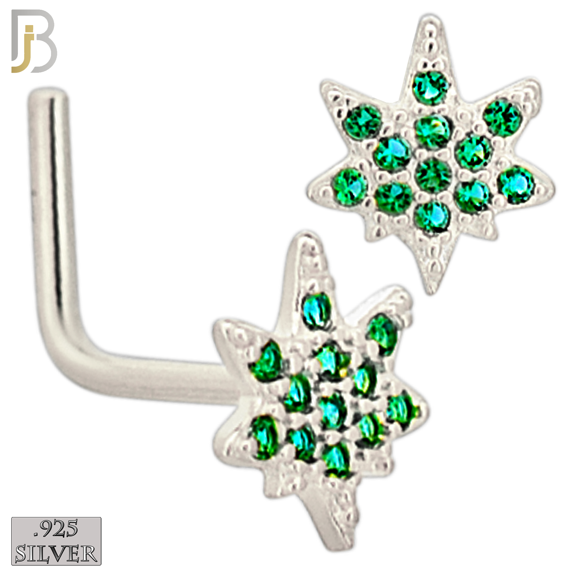 925-NR110LGSG - 925 Sterling Silver Leaf with Green CZ L Shape Nose Ring (Pack of 6) image 1