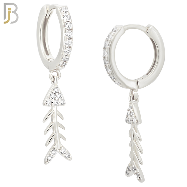 ES113 - 316L Stainless Steel Dangling Skeleton Fish with Zircon Huggies Clip On image 1