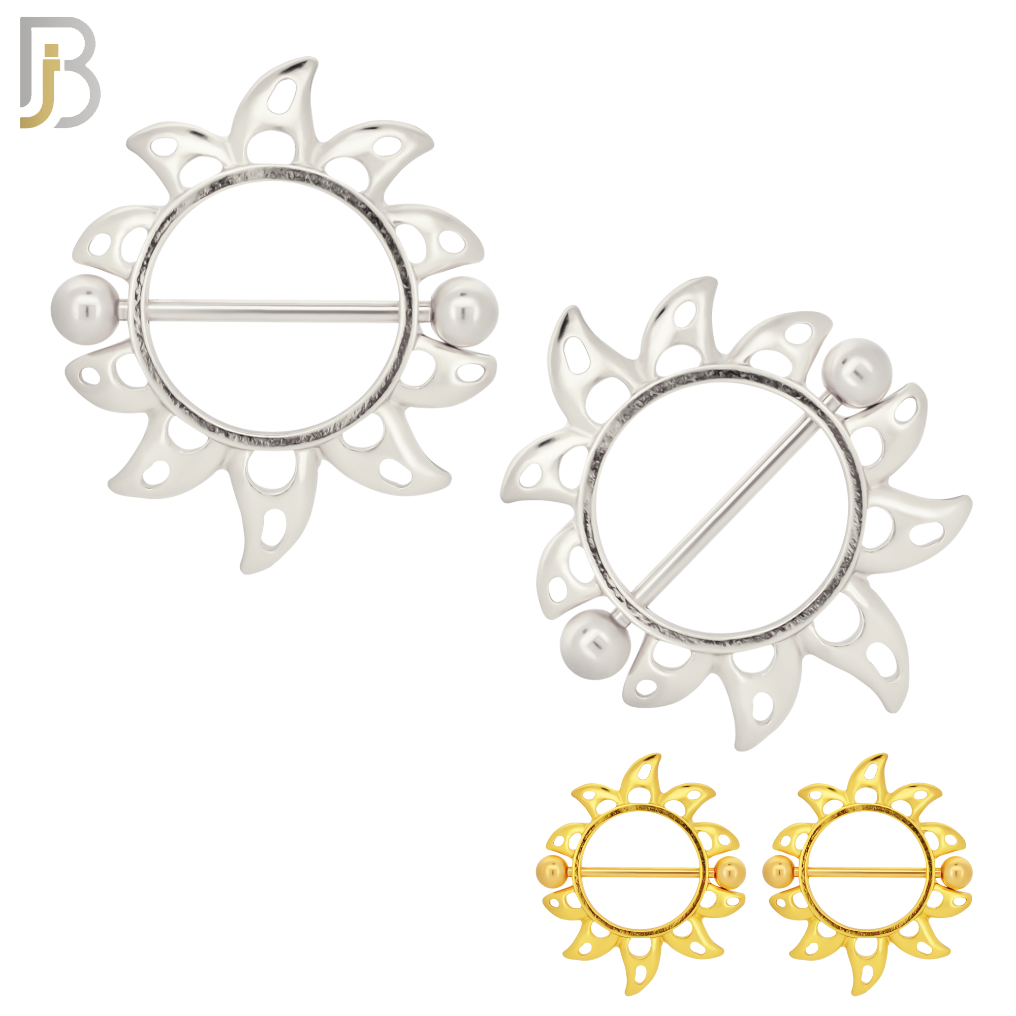 NP38 - 316L Surgical Steel Screw Shield Barbell with Alloy Sun Design Pair image 0