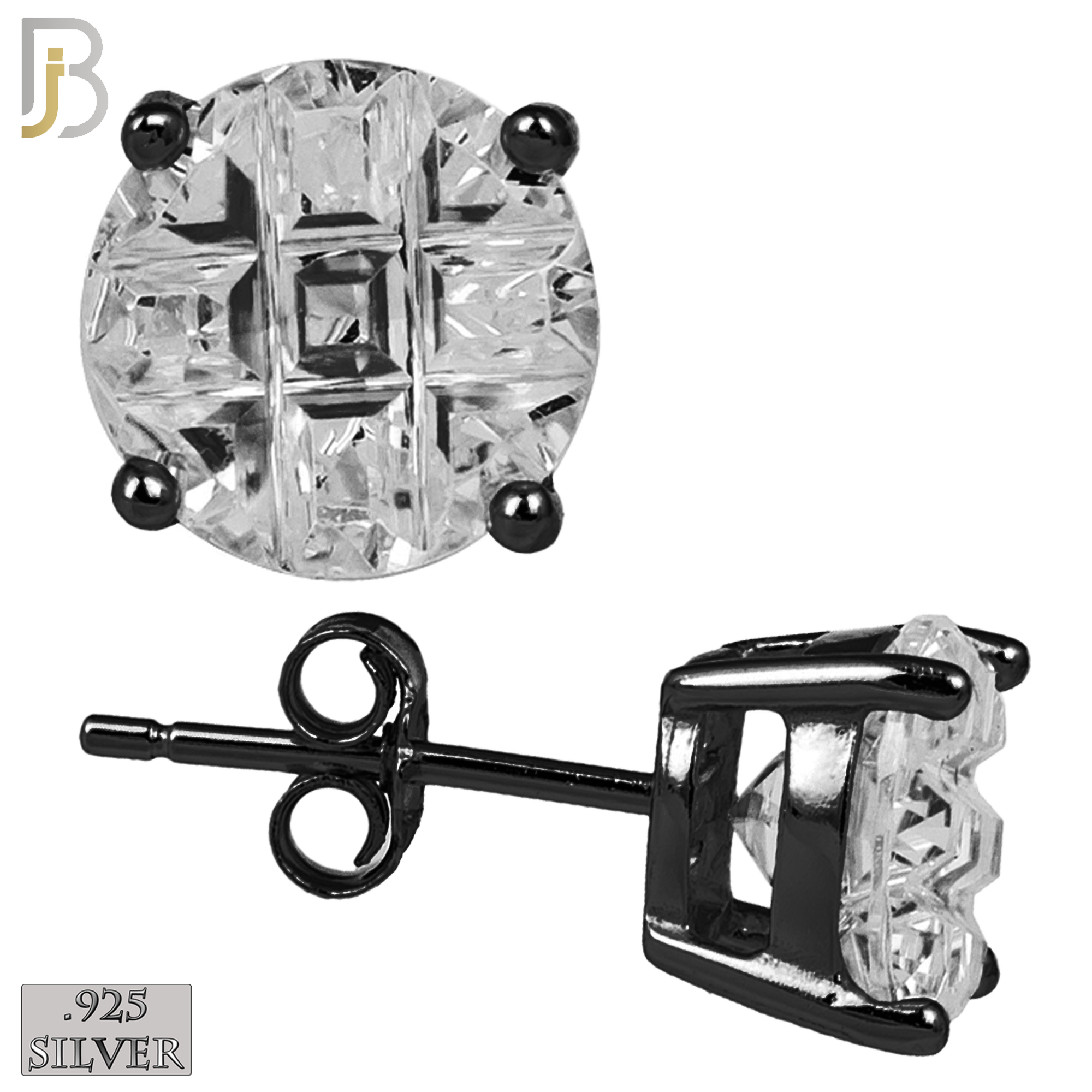 925-ES73-KC - .925 Sterling Silver Black Plated Earring Stud Casting Round Invisible Cut Prong Setting Clear Zircon image 0