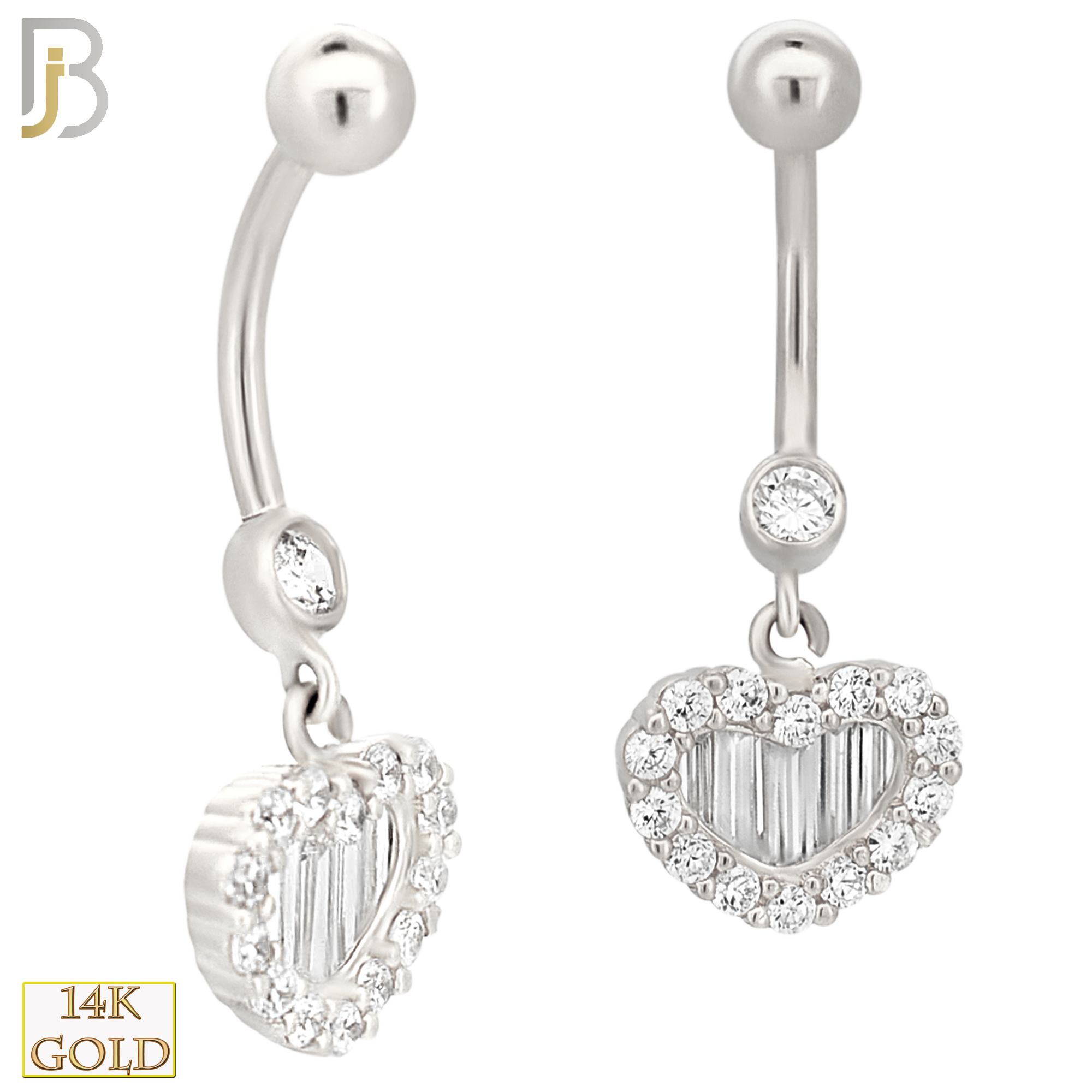 14-N003 - 14k Solid Gold Heart with Zircon and Baguette Zircon Design Banana Belly Ring image 2