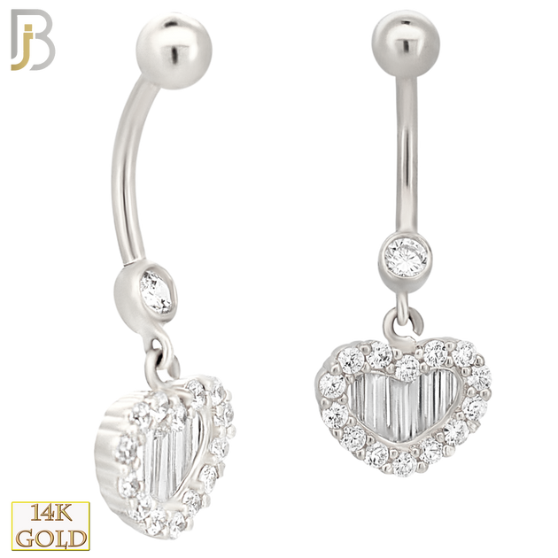 14-N003 - 14k Solid Gold Heart with Zircon and Baguette Zircon Design Banana Belly Ring image 2
