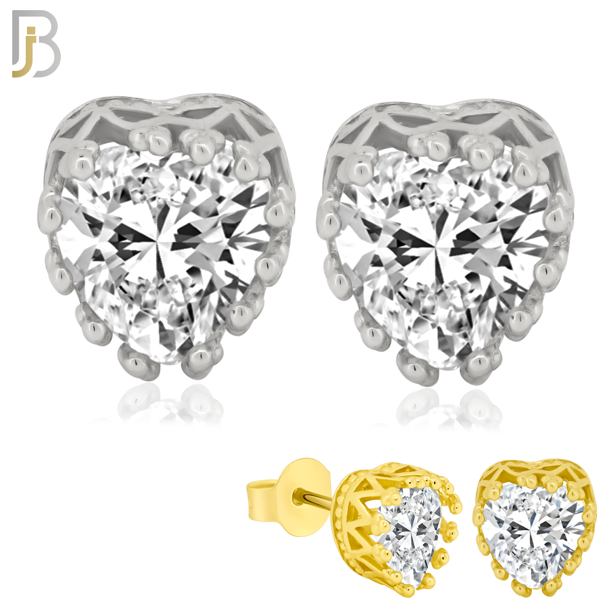 925-ES64 - .925 Sterling Silver Heart Crown Design  Prong Zircon Earring Stud image 0