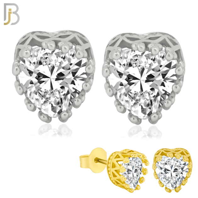 925-ES64 - .925 Sterling Silver Heart Crown Design  Prong Zircon Earring Stud image 0