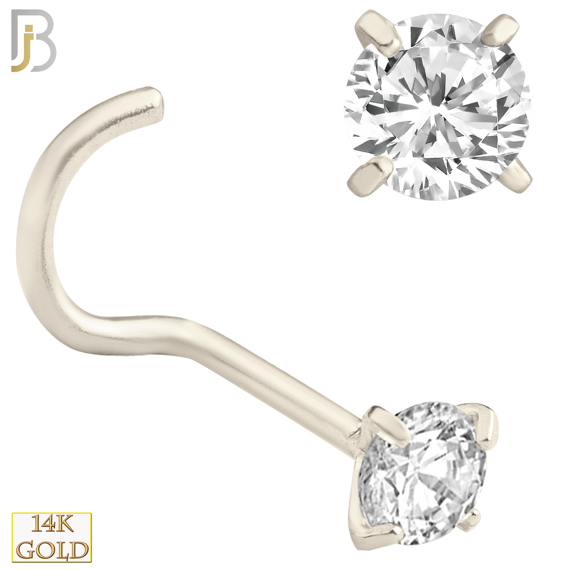 14-NR03CW-22 - 14k Solid White Gold 22g Prong Setting  Round Cubic Zircona Nose Screw, Cork Screw image 5