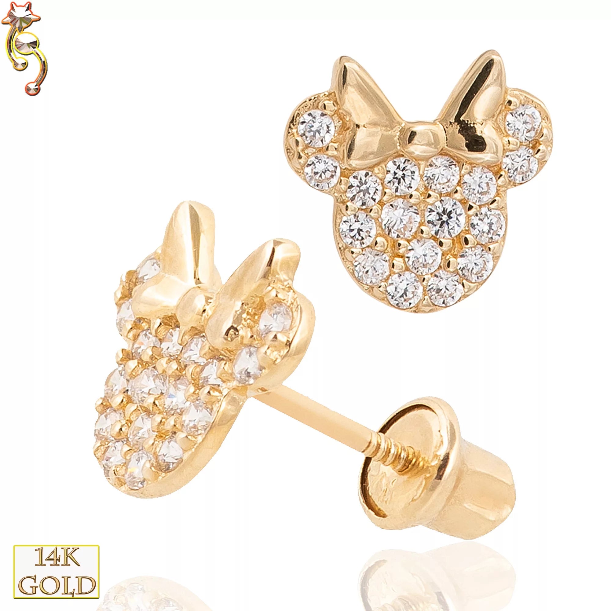 14-ES18 - 14k Solid Gold Screw Back Earrings Mouse Head with Bow Design image
