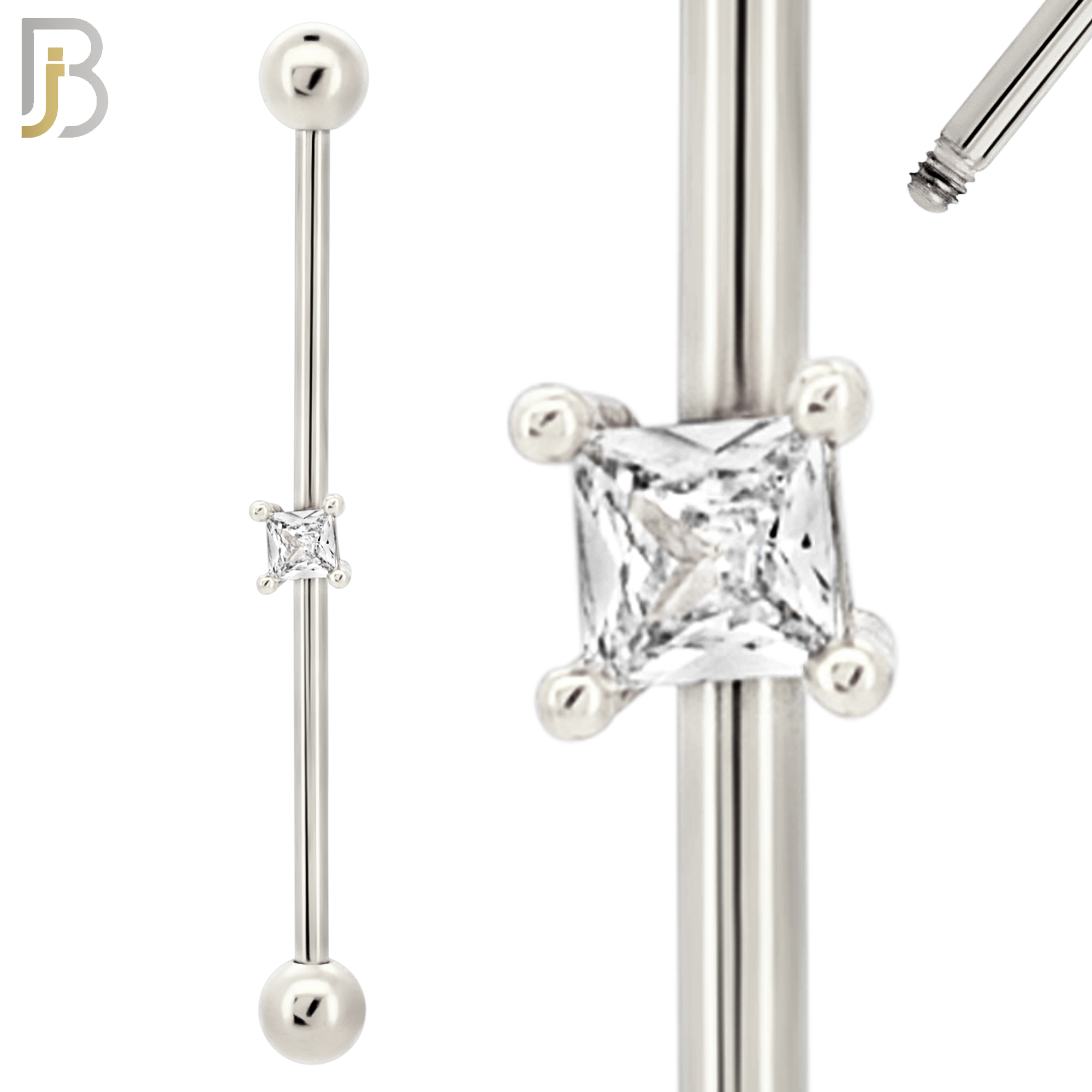 BB32 - 316L Surgical Steel Screw Bar with Brass Prong Set Square CZ Design Barbell Industrial (PACK OF 4) image 1
