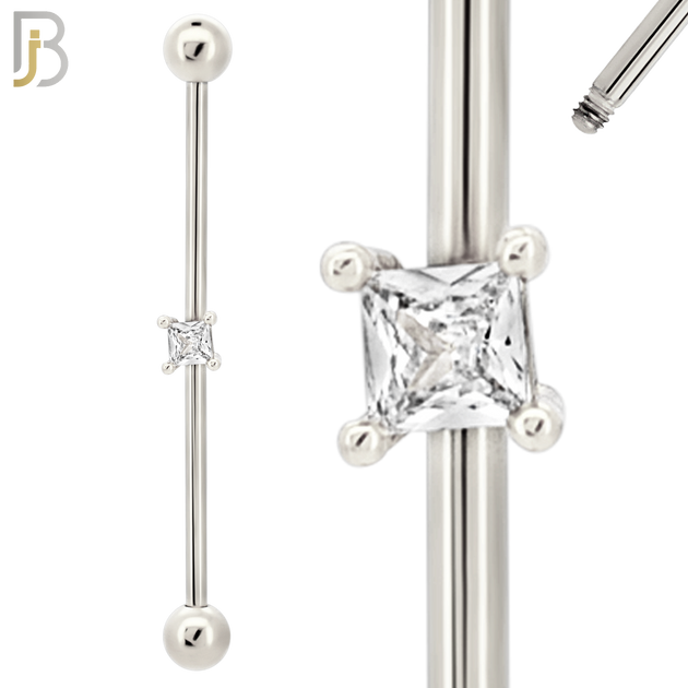 BB32 - 316L Surgical Steel Screw Bar with Brass Prong Set Square CZ Design Barbell Industrial (PACK OF 4) image 1