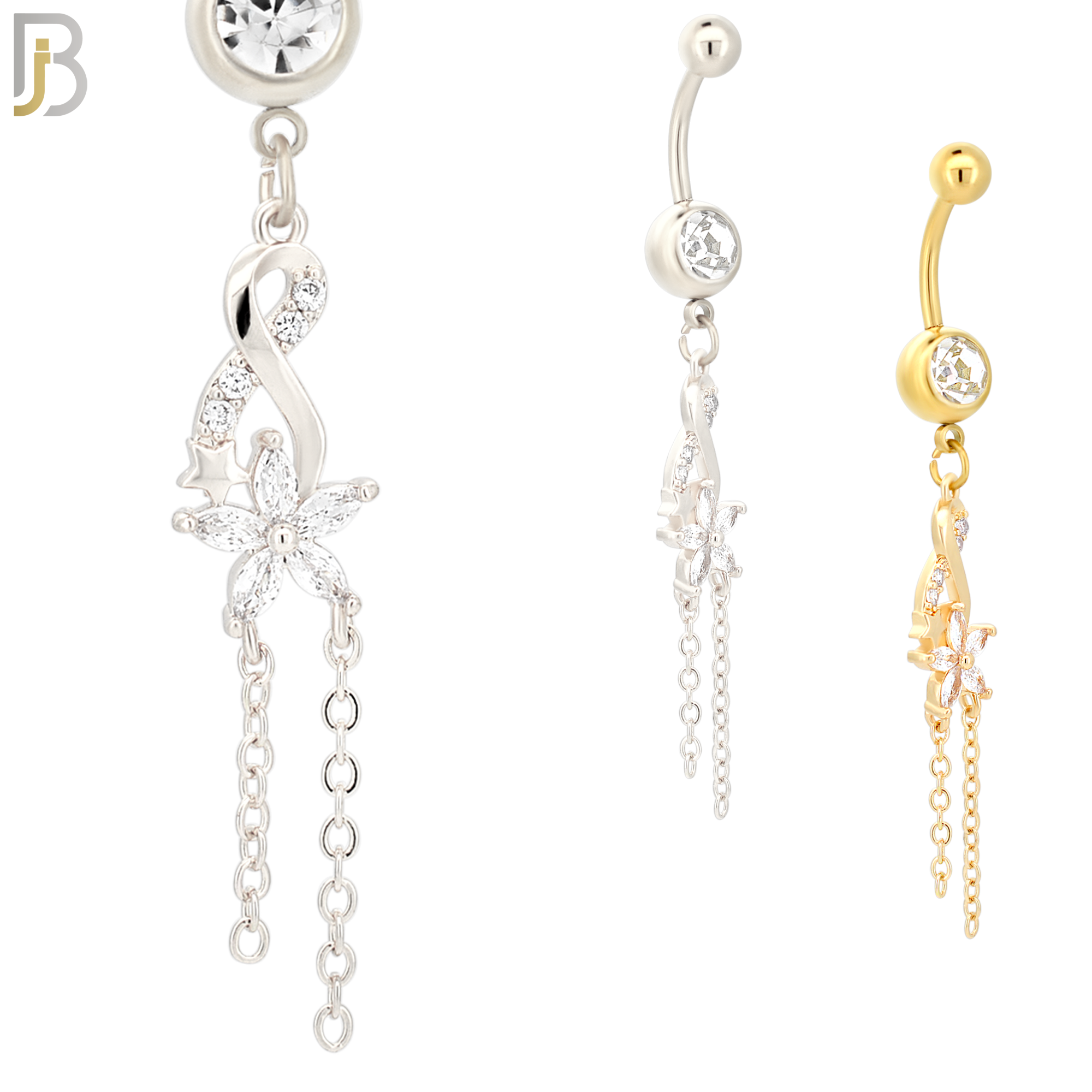 N030 - 316L Stainless Steel Dangling Infinity with Flower Zircon Design Belly Ring with 5mm Screw Ball image 0