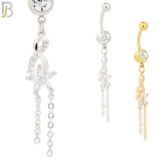 N030 - 316L Stainless Steel Dangling Infinity with Flower Zircon Design Belly Ring with 5mm Screw Ball image 0