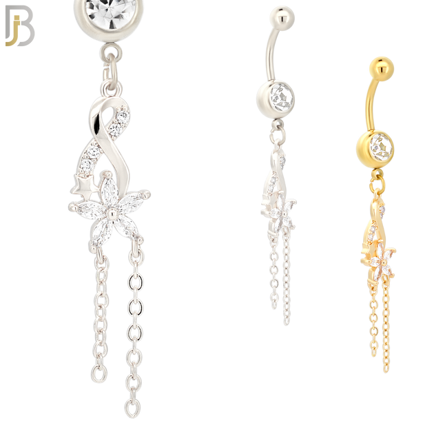 N030 - 316L Stainless Steel Dangling Infinity with Flower Zircon Design Belly Ring with 5mm Screw Ball image 0