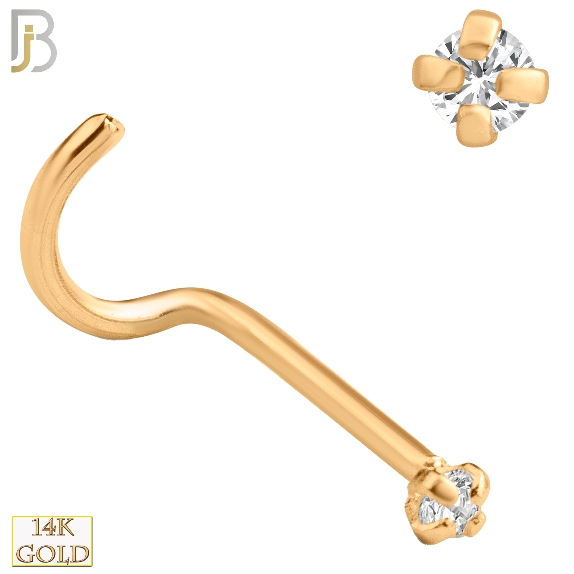14-NR03CR-22 - 14k Solid Rose Gold 22g Prong Setting  Round Cubic Zircona Nose Screw, Cork Screw image 2
