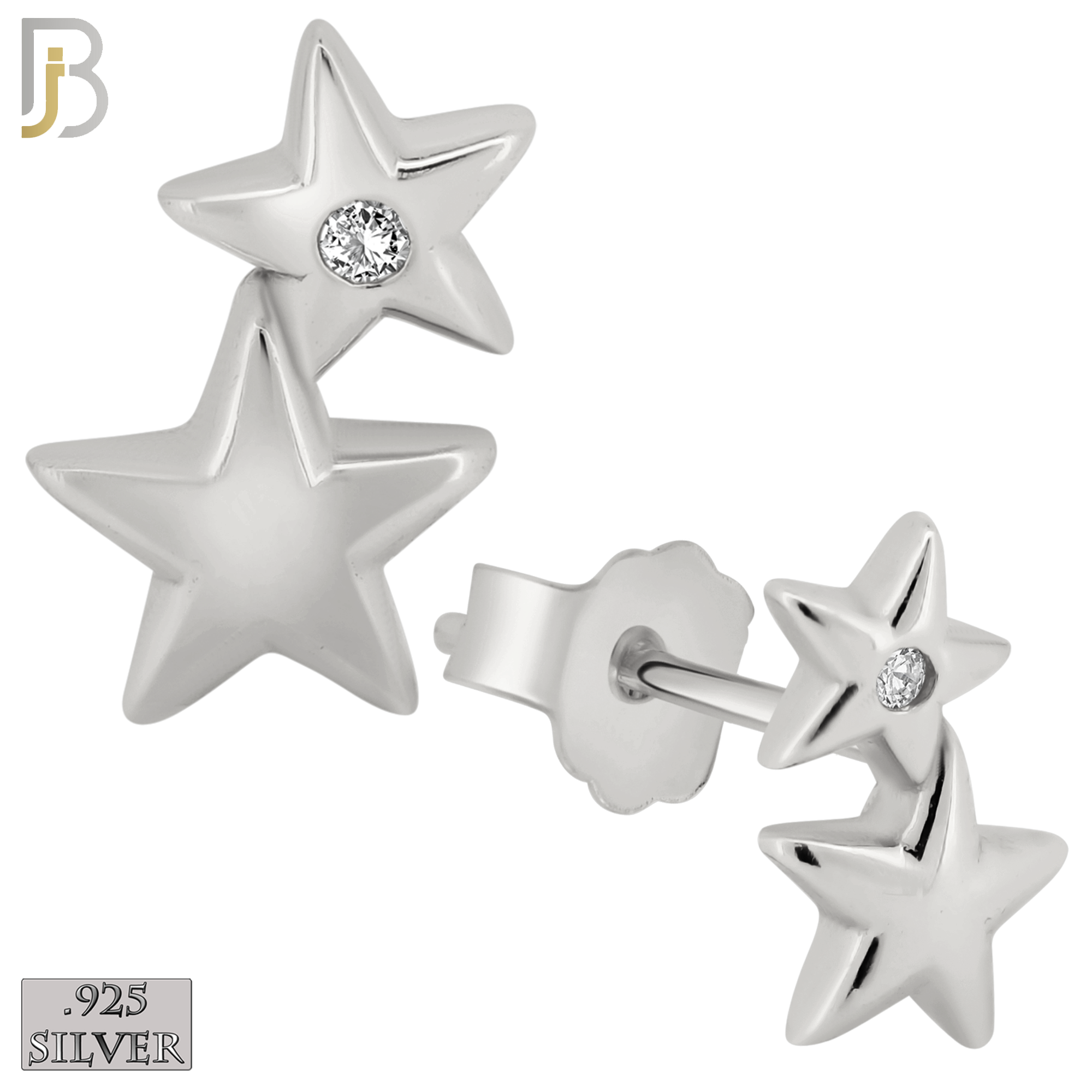 925-ES35 - .925 Sterling Silver 4x7mm Double Star Zircon Earring Stud image 1