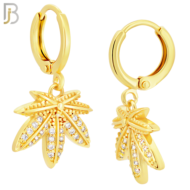 ES83 - 316L Stainless Steel Dangling Leaf with Zircon Design Huggies Clip On image 2