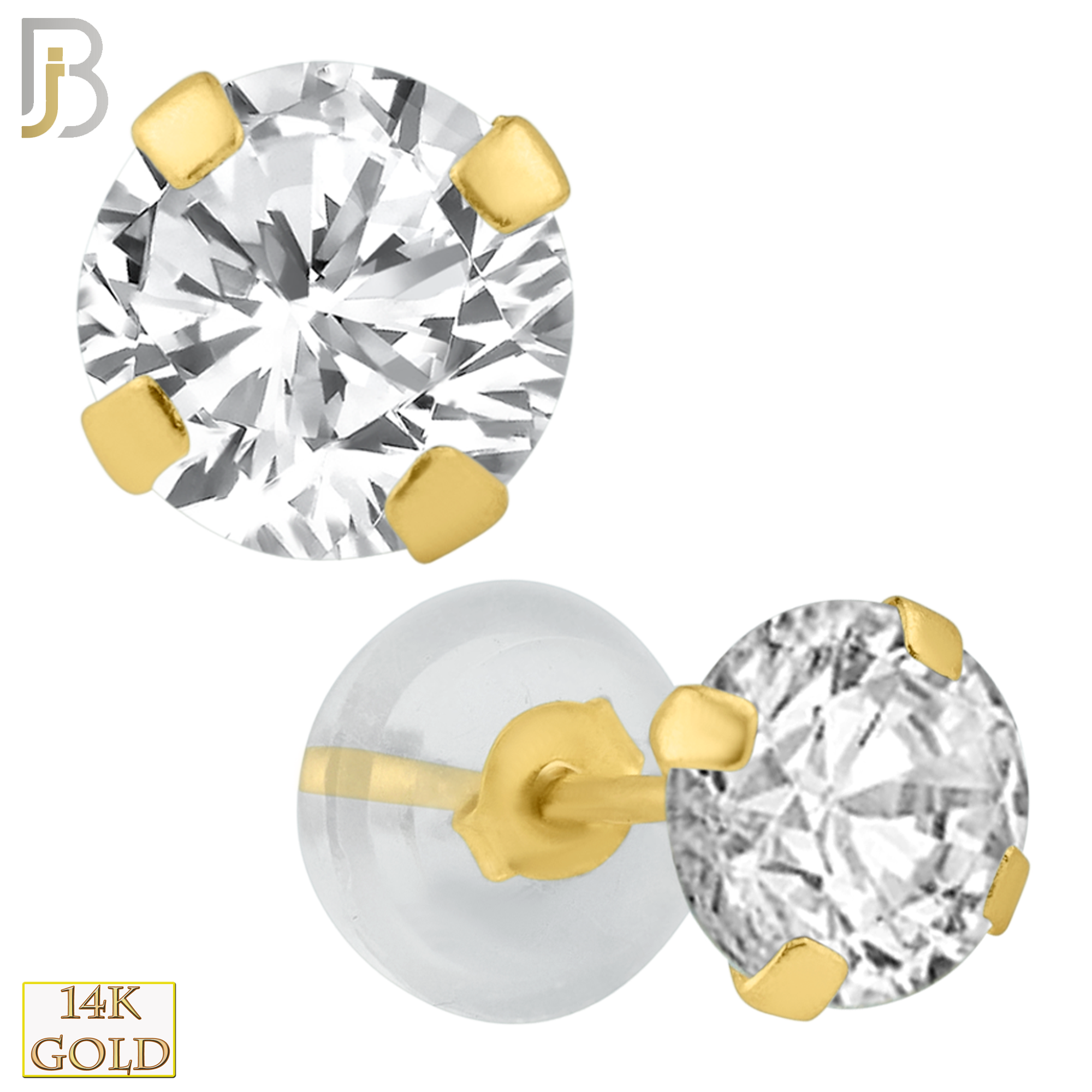 14-ES05YC - 14k Yellow Gold Silicone Back Stud Earrings Stamping Point Prong Setting with Round Clear Zircon image 1